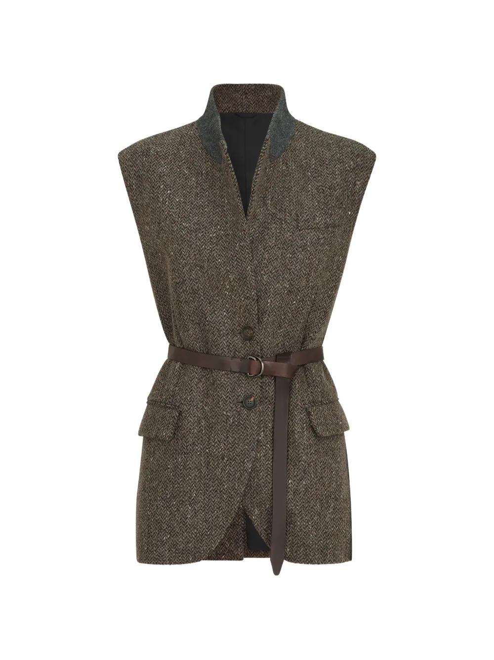 Brunello Cucinelli sparkling virgin wool Chevron vest with leather belt and Monili - Braun