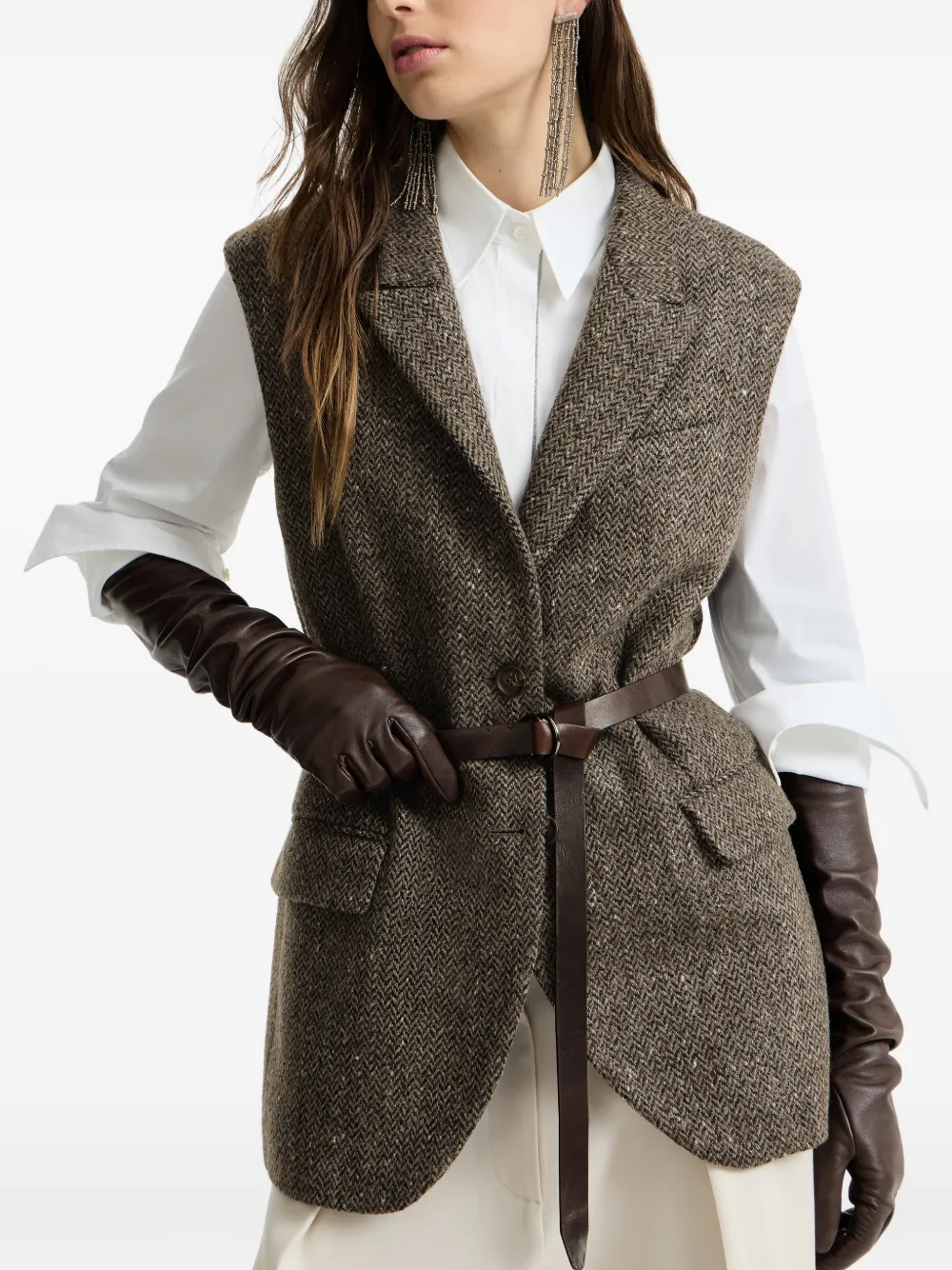 Brunello Cucinelli Gilet met visgraatpatroon Bruin