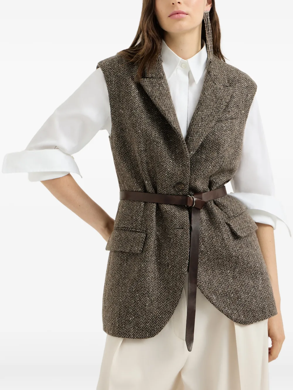 Brunello Cucinelli Gilet met visgraatpatroon Bruin