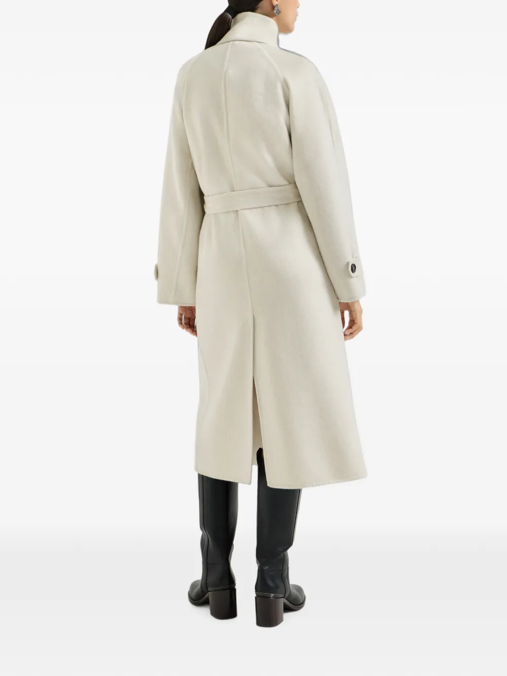 Brunello Cucinelli Handgemaakte jas van kasjmier met riem en monili Beige