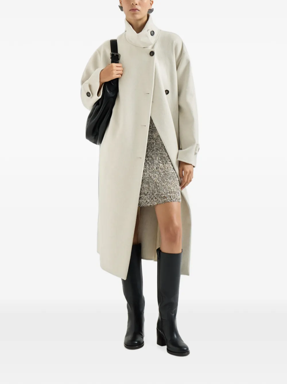 Brunello Cucinelli Handgemaakte jas van kasjmier met riem en monili Beige