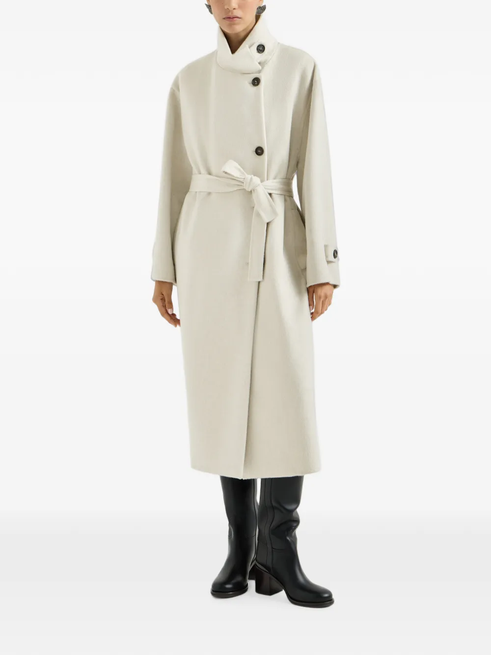 Brunello Cucinelli Handgemaakte jas van kasjmier met riem en monili Beige