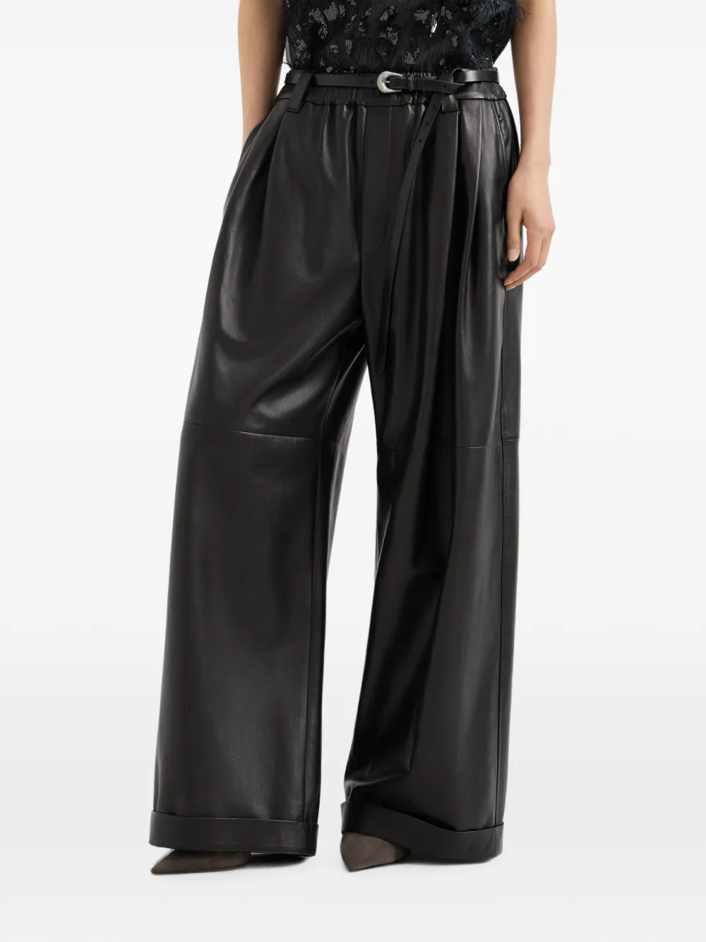 Brunello Cucinelli Baggy broek van nappa leer Zwart