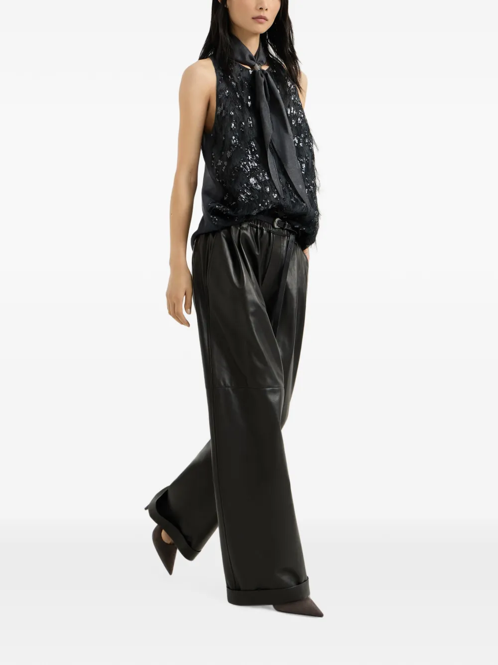 Brunello Cucinelli Baggy broek van nappa leer Zwart