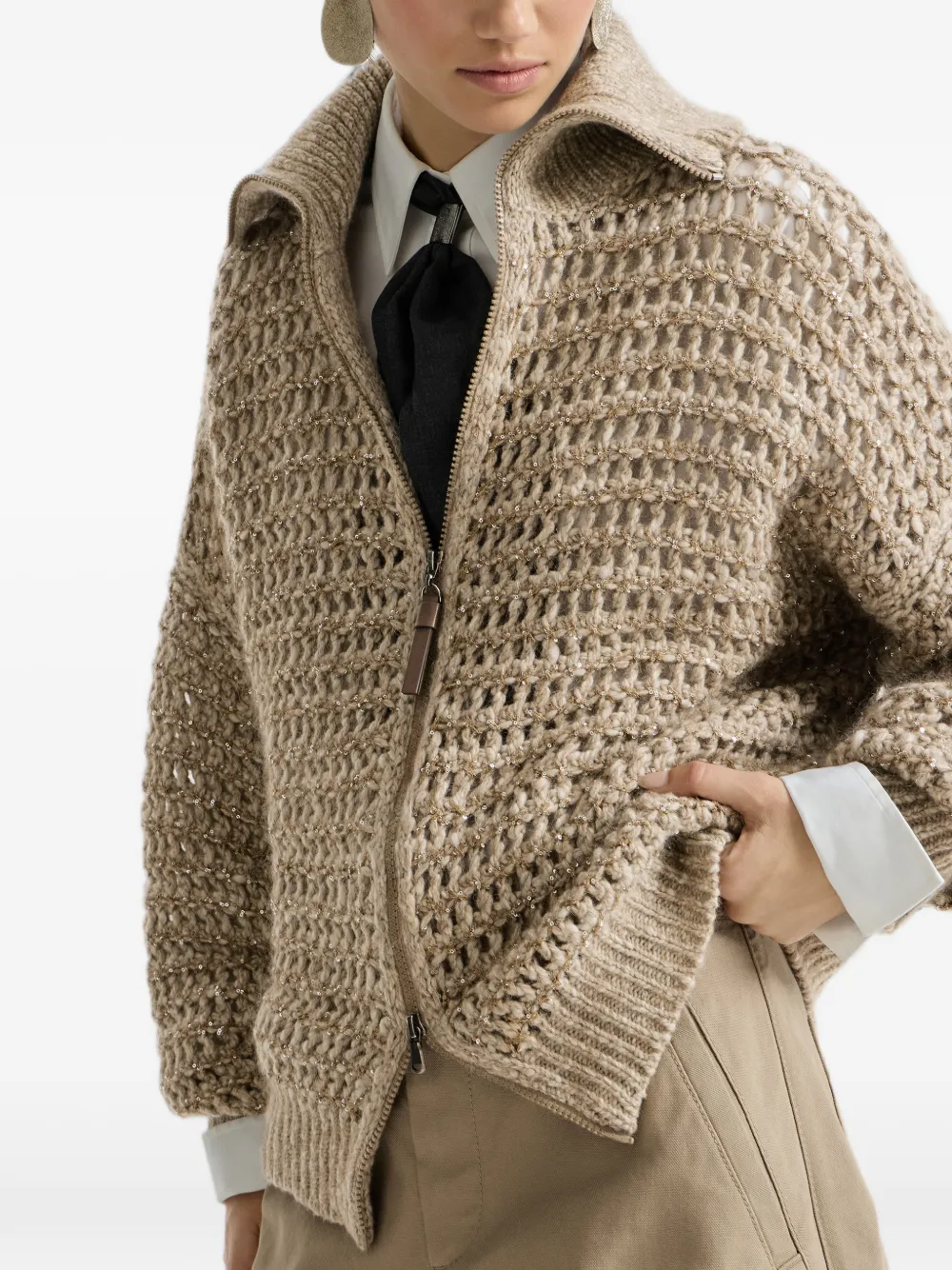 Brunello Cucinelli Opengebreid vest verfraaid met pailletten Beige