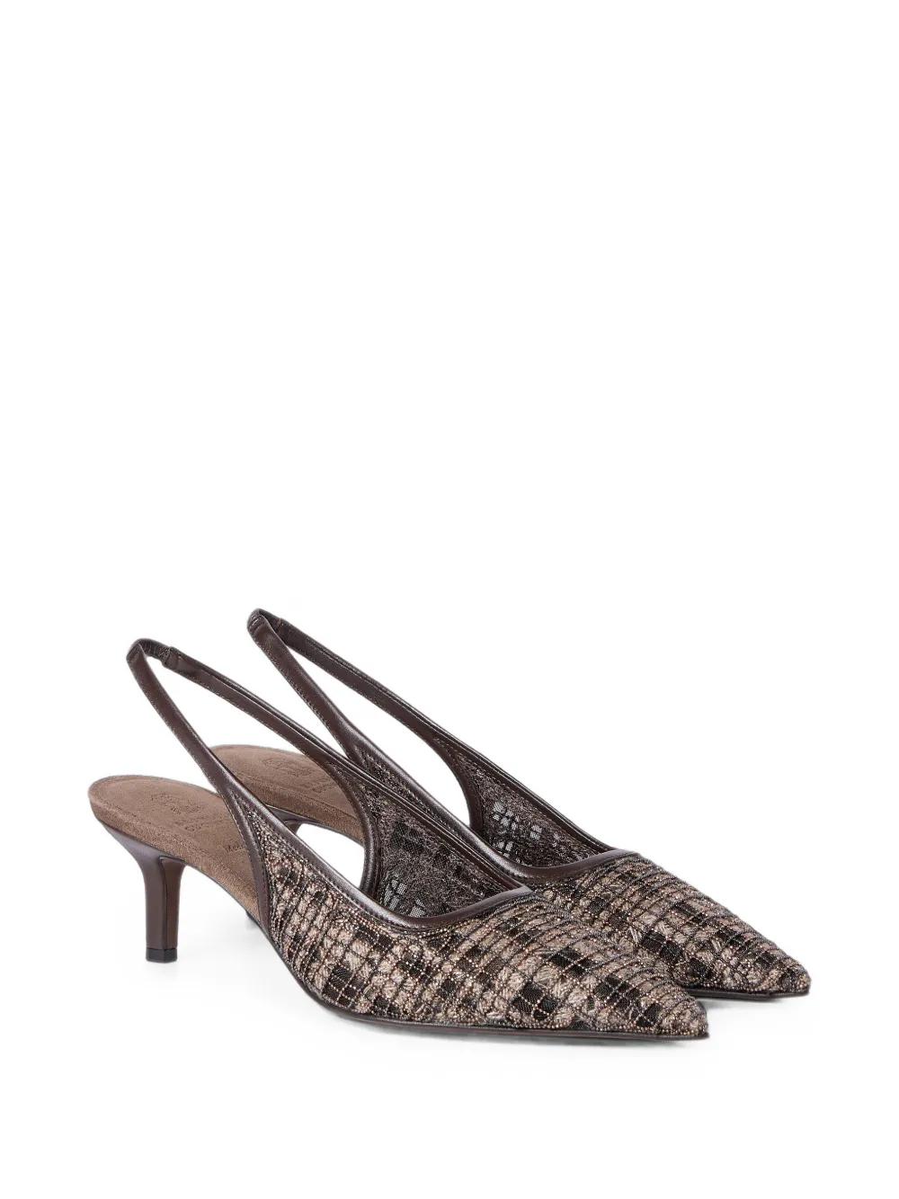 Brunello Cucinelli Precious check embroidery city heels in suede Bruin