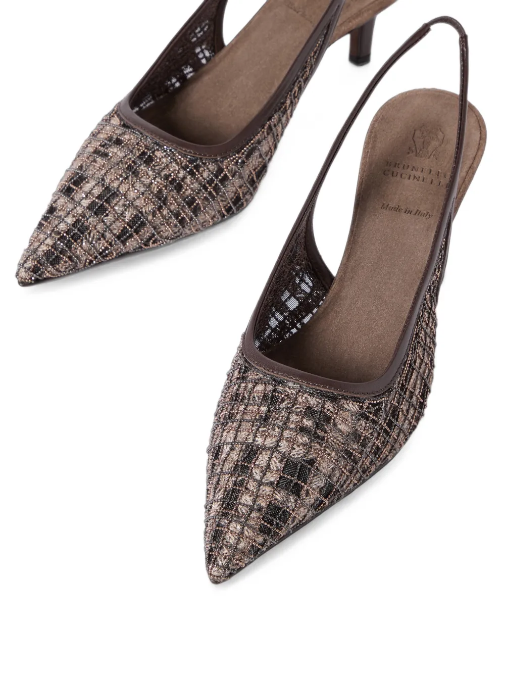 Brunello Cucinelli Precious check embroidery city heels in suede Bruin