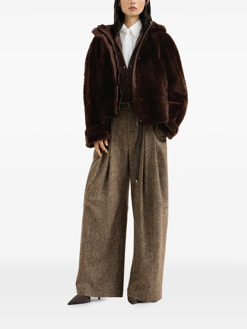 Brunello Cucinelli Lammy jack met glanzende rits Bruin