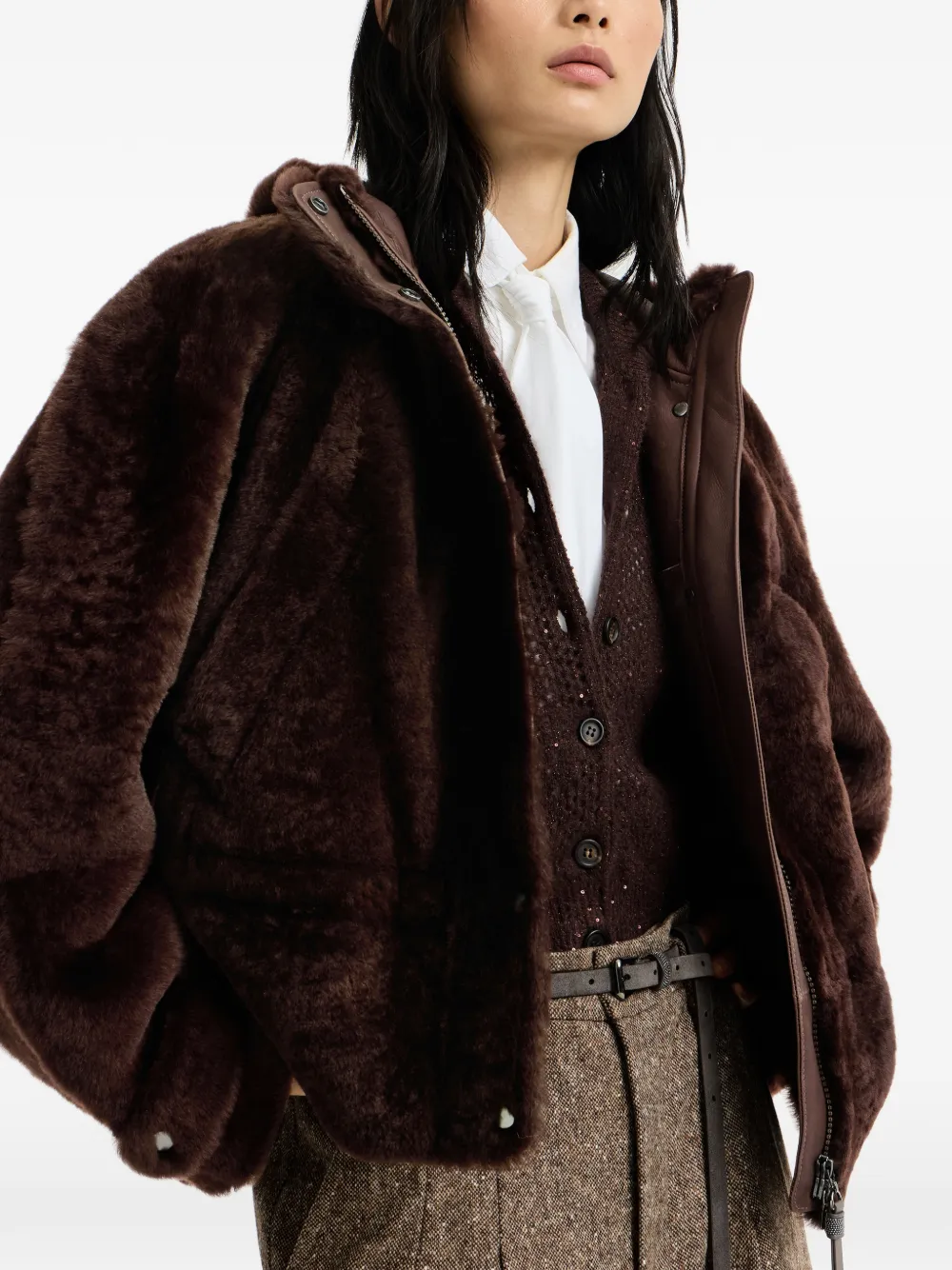 Brunello Cucinelli Lammy jack met glanzende rits Bruin