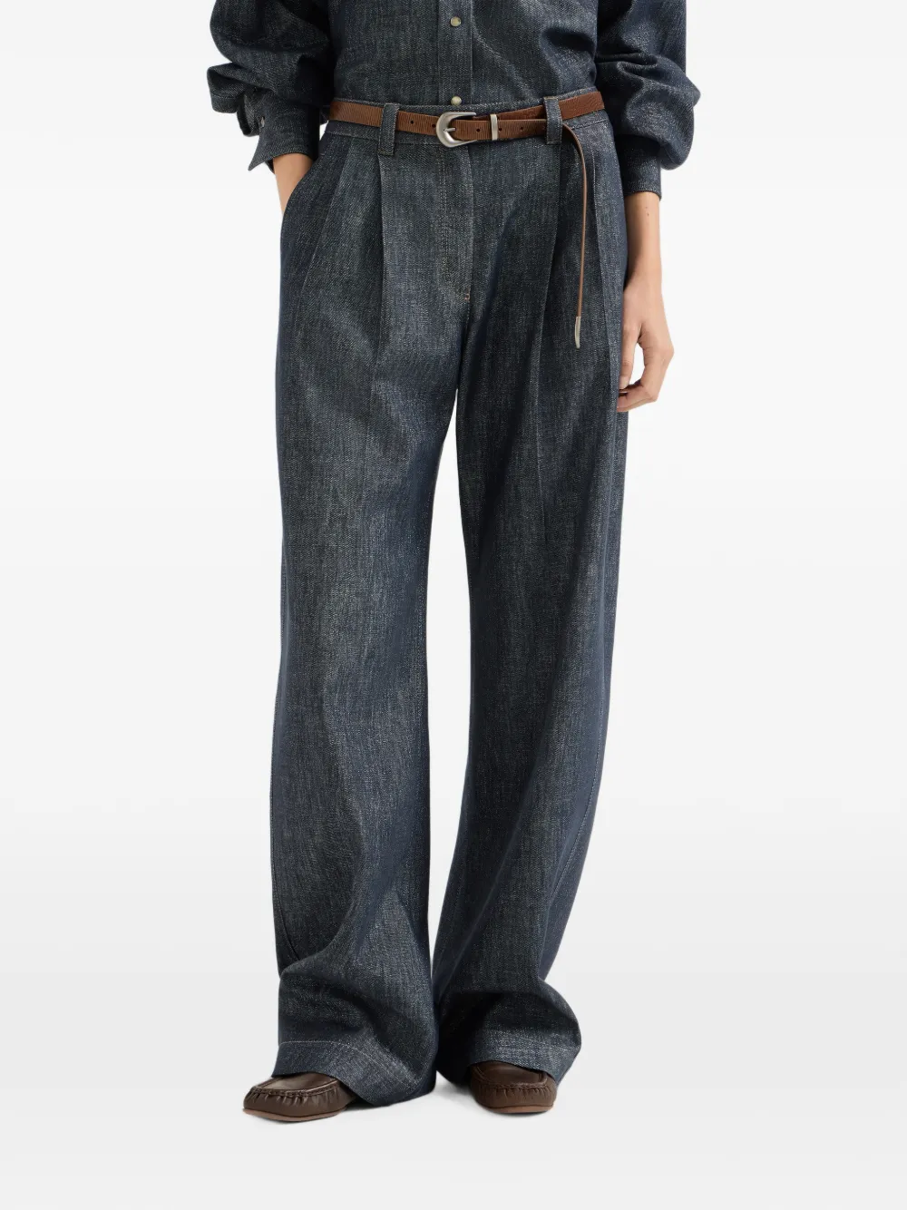 Brunello Cucinelli Ruimvallende denim broek met monili Blauw