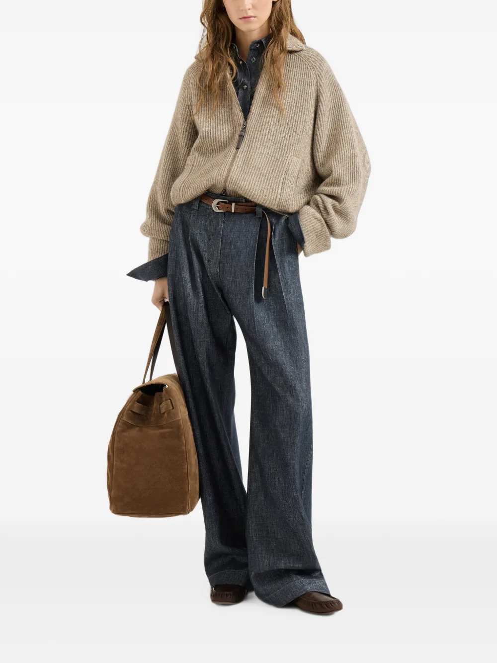Brunello Cucinelli Ruimvallende denim broek met monili Blauw