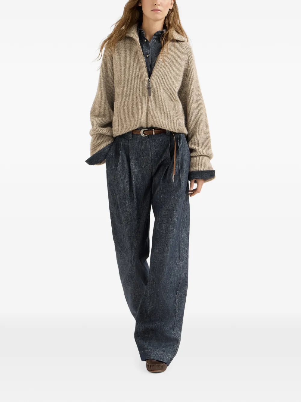 Brunello Cucinelli Ruimvallende denim broek met monili Blauw