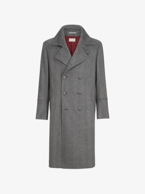 Brunello Cucinelli cashmere chevron flannel one-and-a half breasted coat with metal buttons