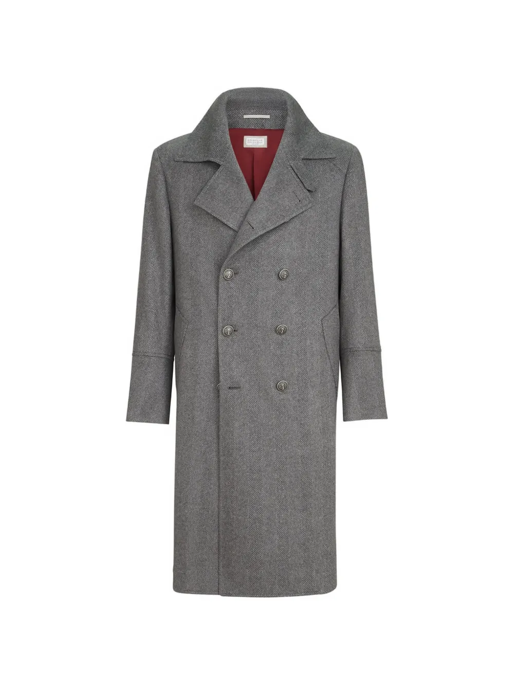 Brunello Cucinelli cashmere chevron flannel one-and-a half breasted coat with metal buttons - Grigio