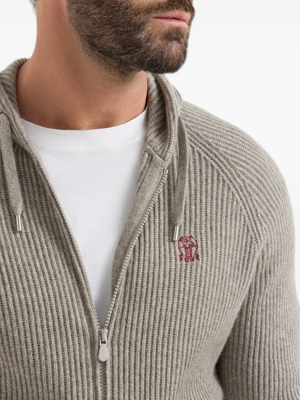 Brunello Cucinelli Kasjmier ribgebreide sweater met capuchon logo en rits Grijs