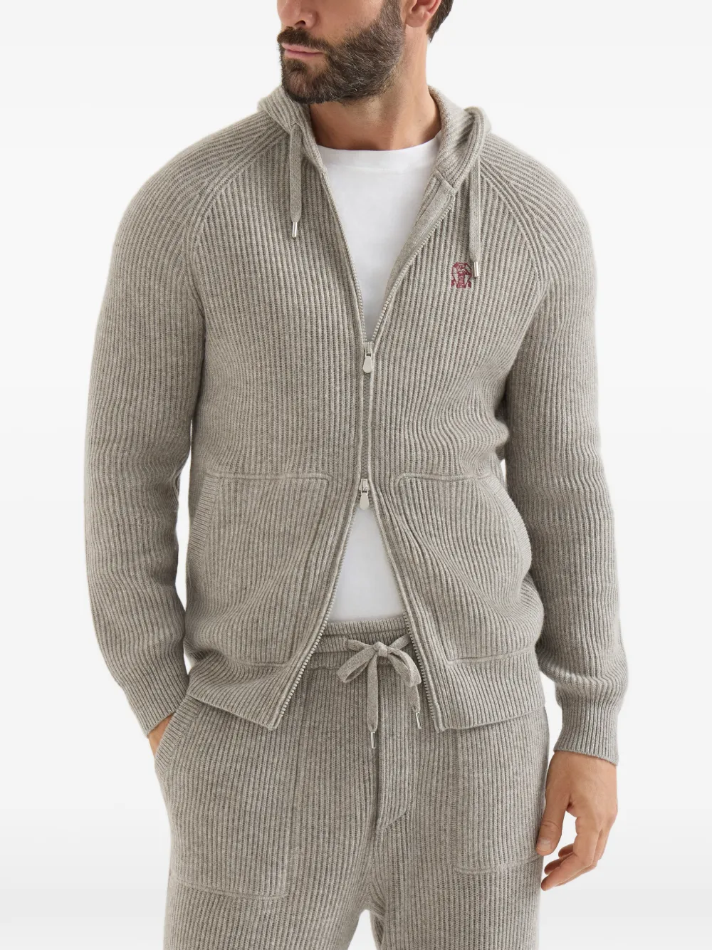 Brunello Cucinelli Kasjmier ribgebreide sweater met capuchon logo en rits Grijs