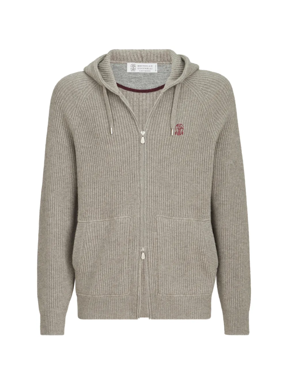 Brunello Cucinelli Cashmere English Rib Hooded Knit Sweatshirt With Logo And Zipper In Grey