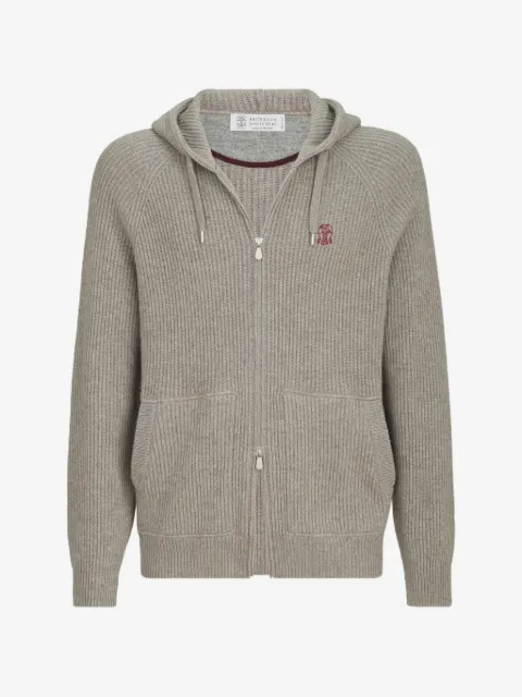 Brunello Cucinelli cashmere English rib hooded knit sweatshirt with logo and zipper