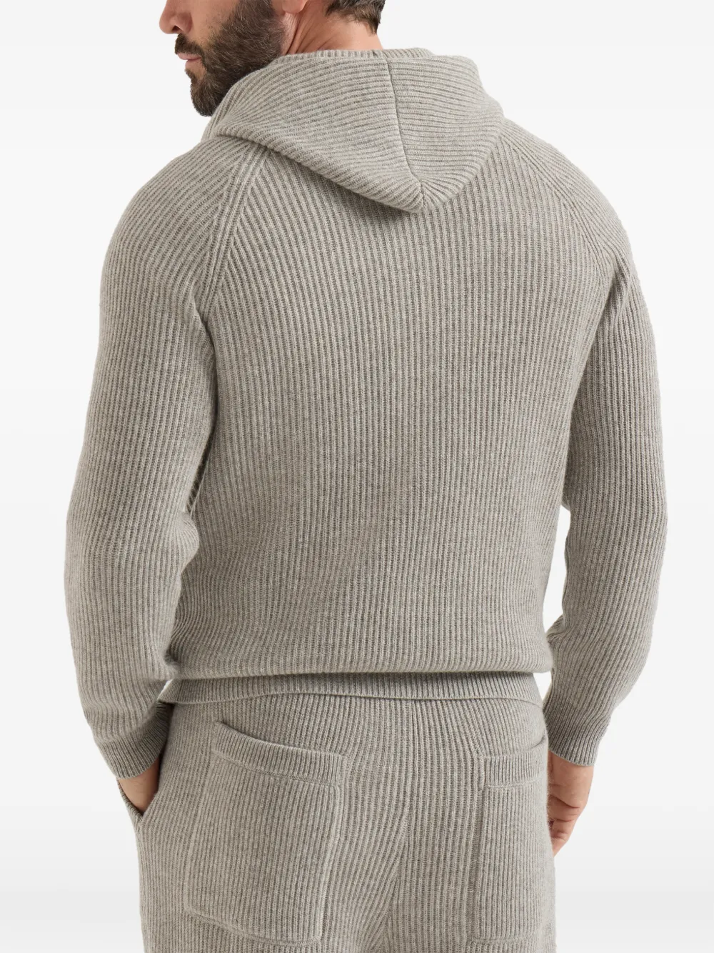Brunello Cucinelli Kasjmier ribgebreide sweater met capuchon logo en rits Grijs