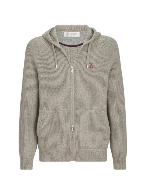 Brunello Cucinelli cashmere English rib hooded knit sweatshirt with logo and zipper