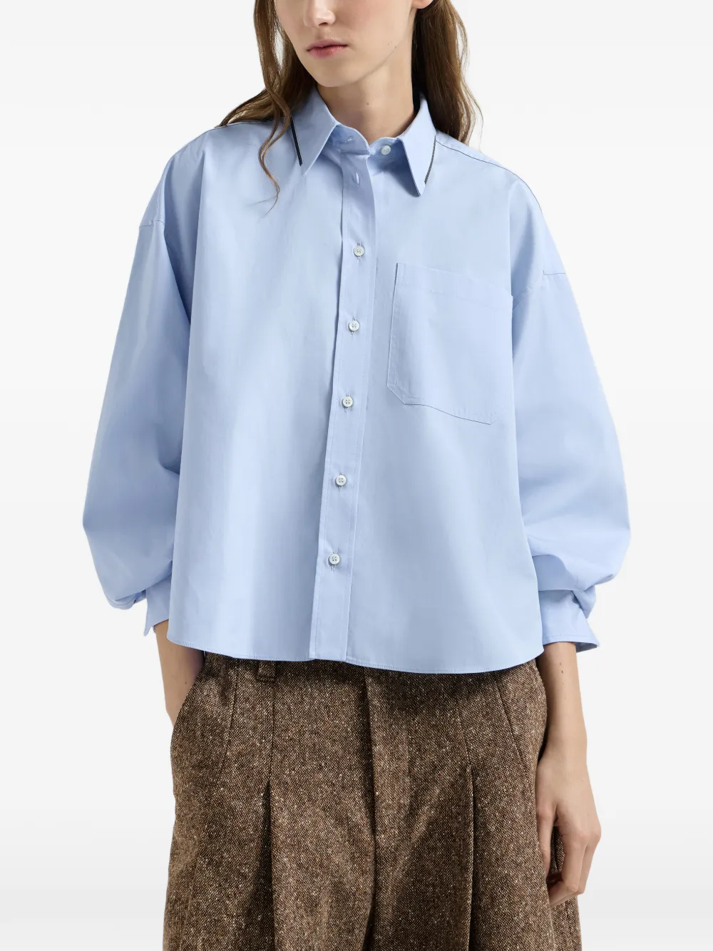 Brunello Cucinelli Katoen-popeline blouse met glanzende details Blauw