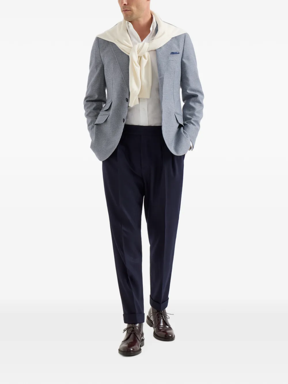 Brunello Cucinelli Cavallo gedeconstrueerde kasjmier en zijden flanellen blazer met pied-de-poule print Blauw