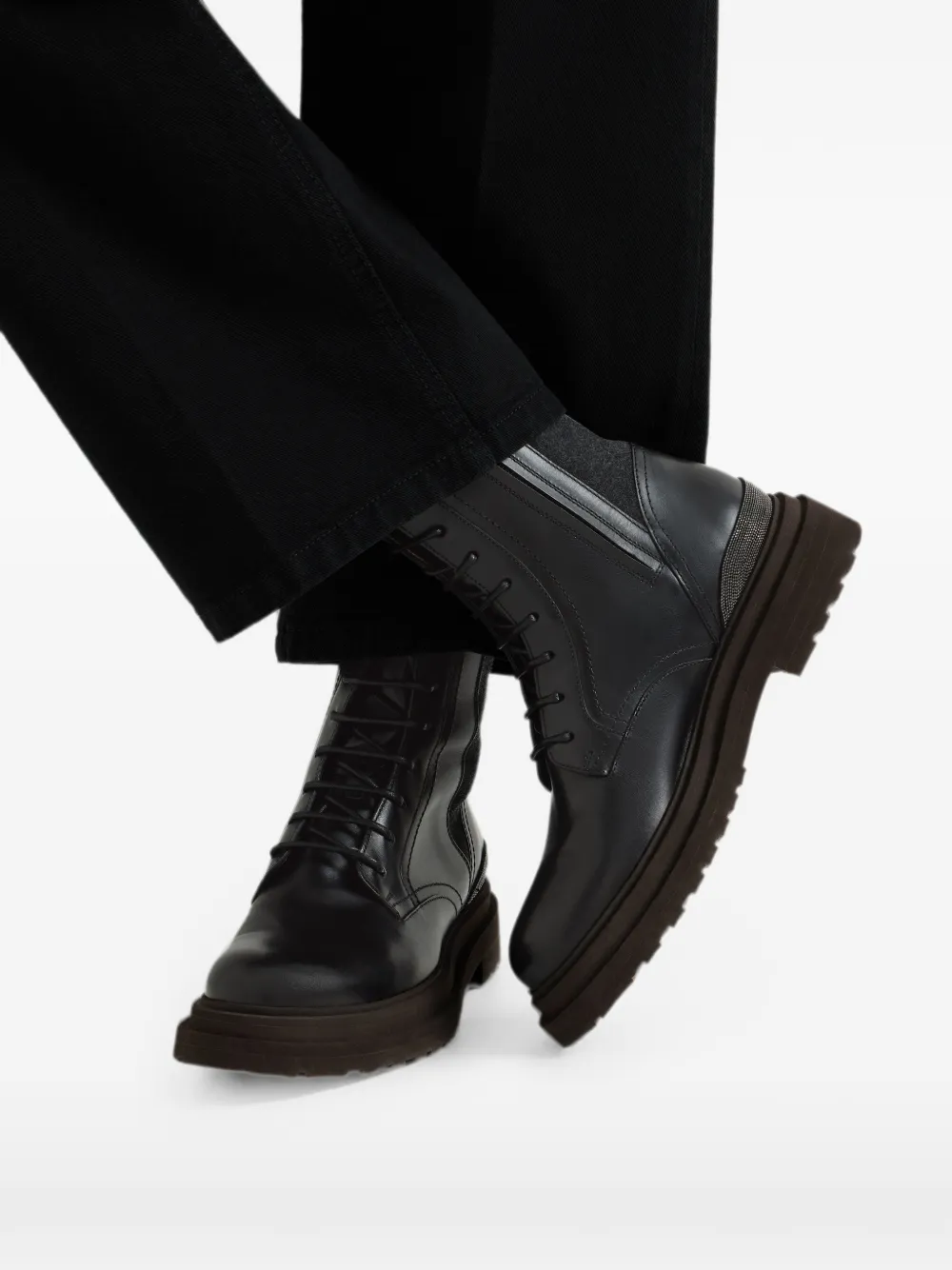 Brunello Cucinelli Matte kalfsleren en scheerwollen flanellen laarzen met kostbaar detail Zwart