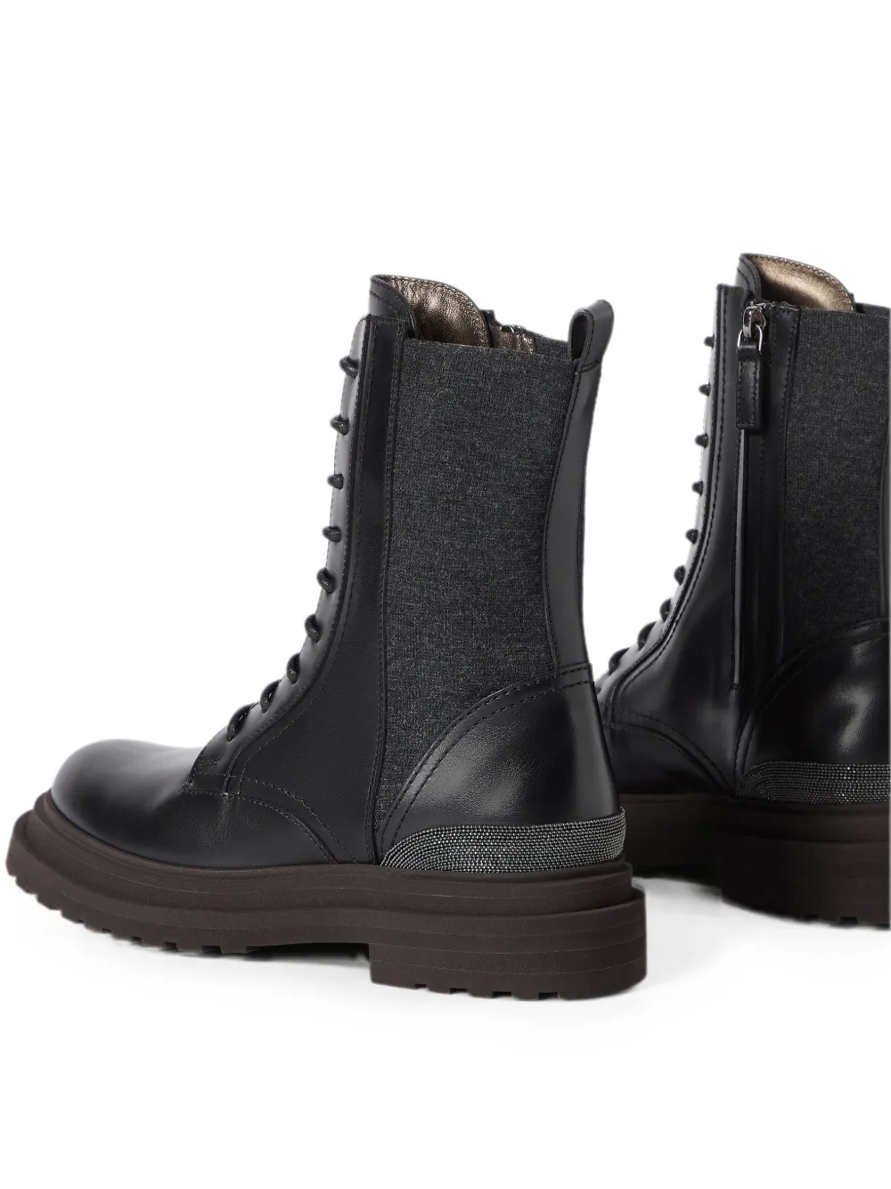 Brunello Cucinelli Matte kalfsleren en scheerwollen flanellen laarzen met kostbaar detail Zwart