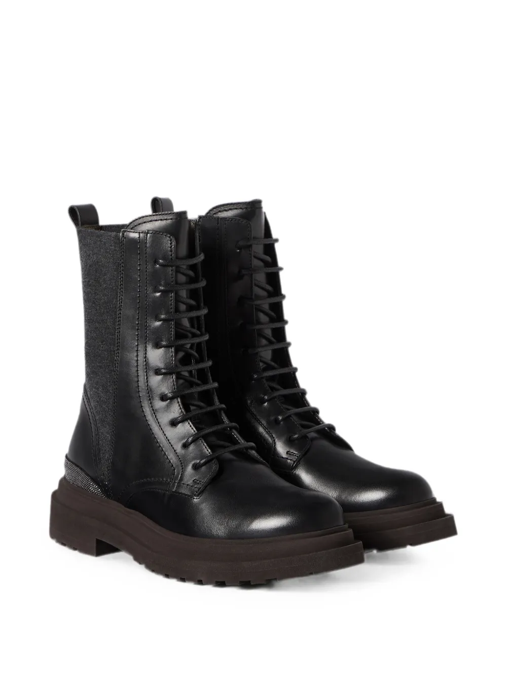 Brunello Cucinelli Matte kalfsleren en scheerwollen flanellen laarzen met kostbaar detail Zwart