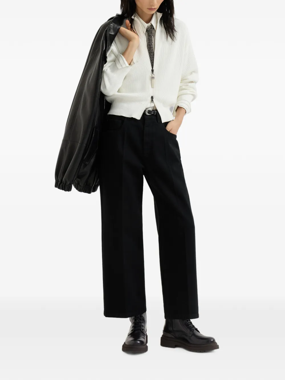 Brunello Cucinelli Matte kalfsleren en scheerwollen flanellen laarzen met kostbaar detail Zwart