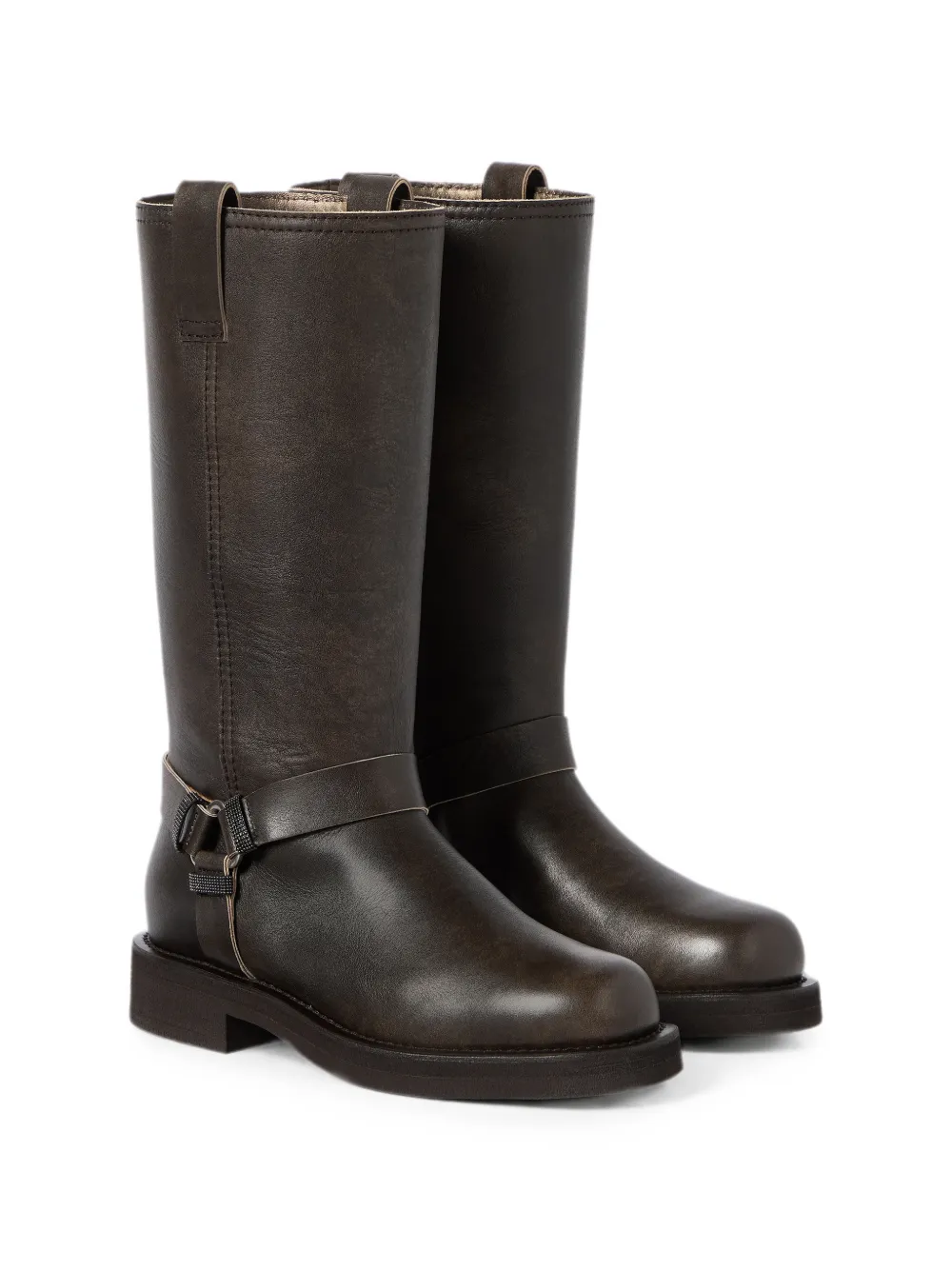 Brunello Cucinelli Leren bikerlaarzen met glanzende lussen Bruin