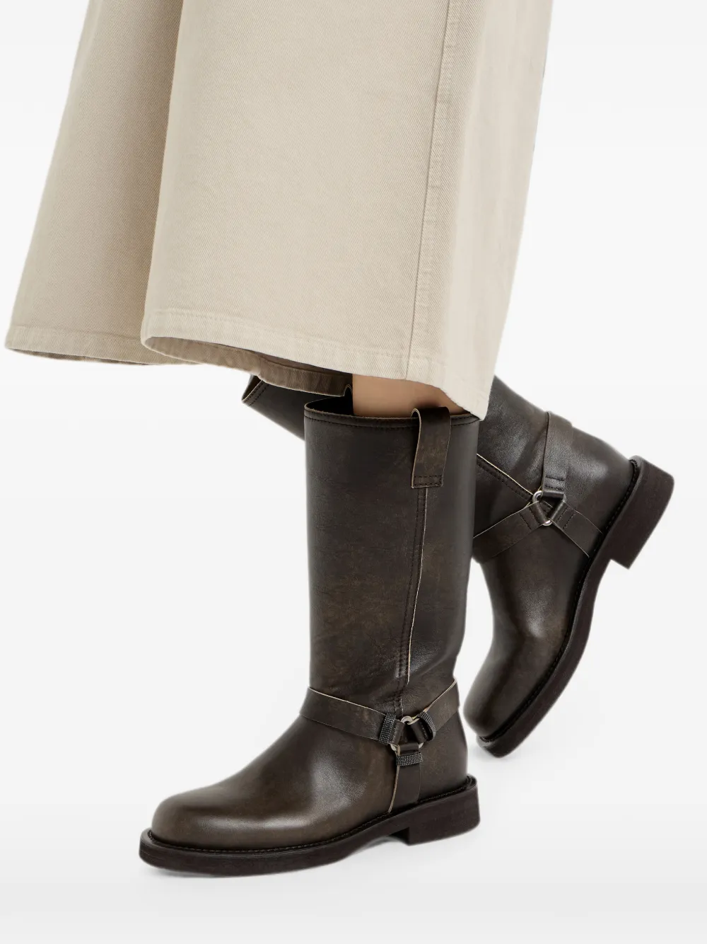 Brunello Cucinelli Leren bikerlaarzen met glanzende lussen Bruin