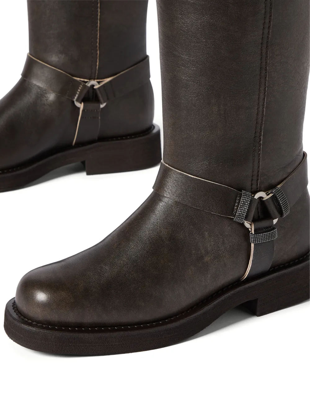 Brunello Cucinelli Leren bikerlaarzen met glanzende lussen Bruin