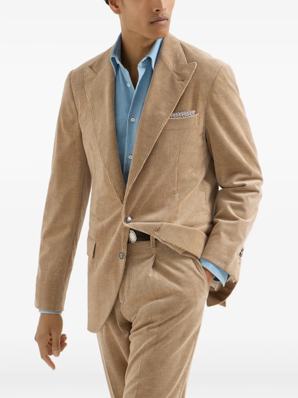 Brunello Cucinelli Comfort katoenen en kasjmier ribfluwelen gedeconstrueerde blazer met puntige revers en metalen knopen Beige