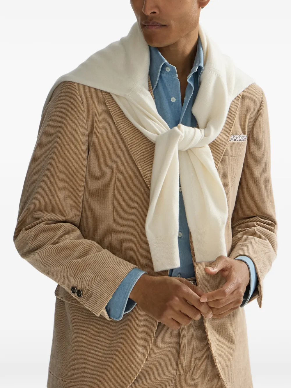Brunello Cucinelli Comfort katoenen en kasjmier ribfluwelen gedeconstrueerde blazer met puntige revers en metalen knopen Beige