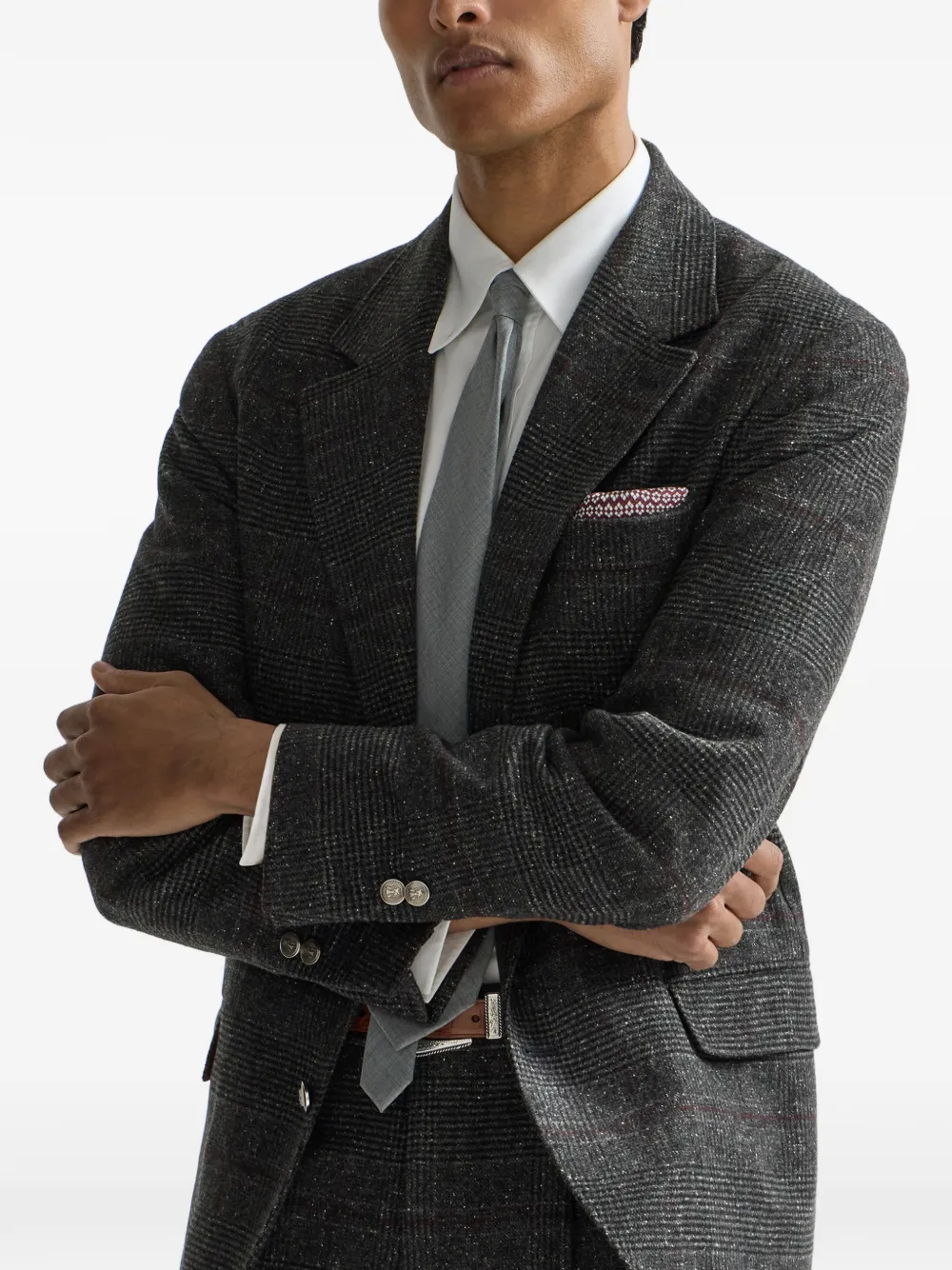 Brunello Cucinelli silk wool and cashmere Prince of Wales flannel deconstructed blazer Grijs