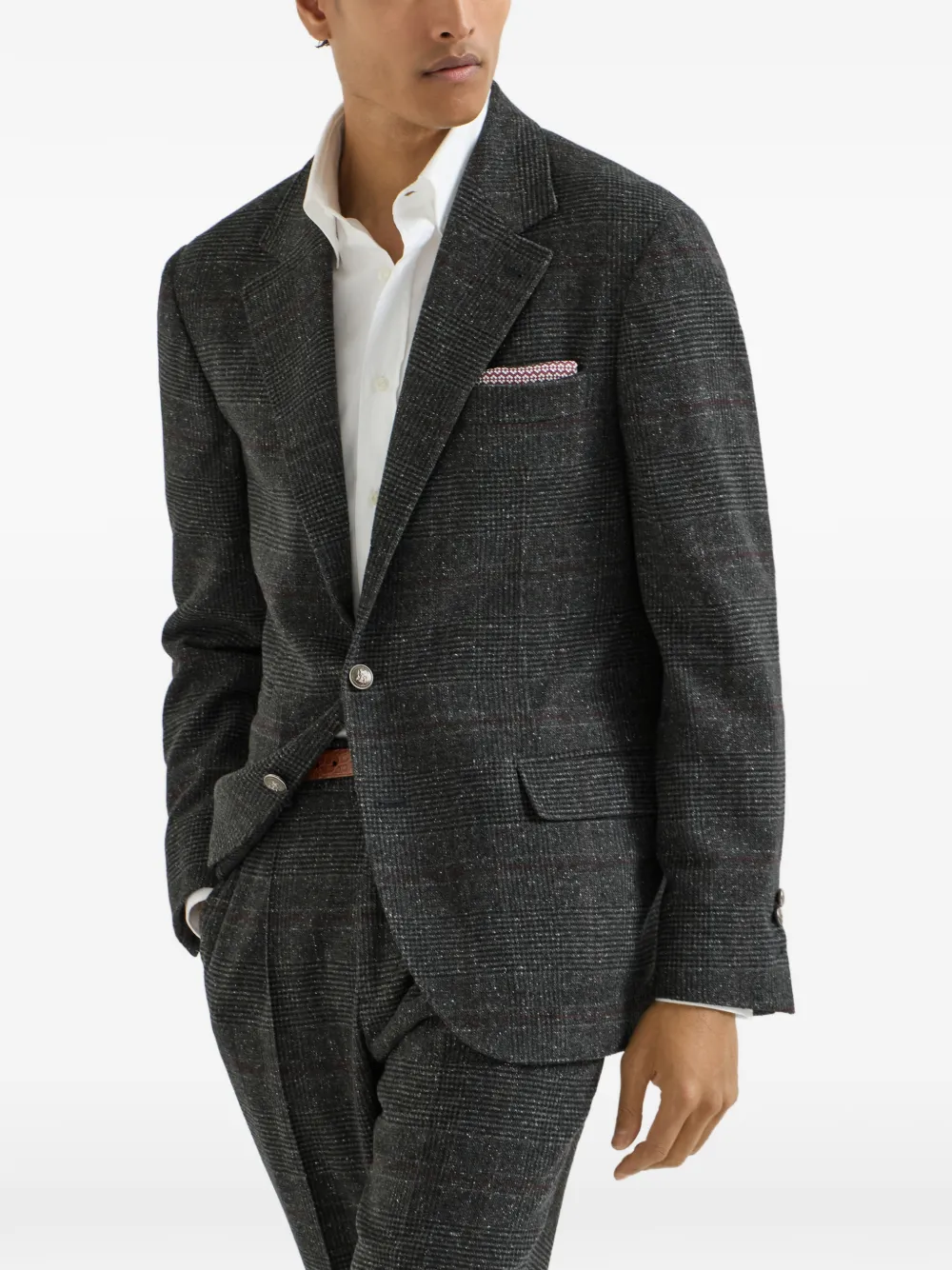 Brunello Cucinelli silk wool and cashmere Prince of Wales flannel deconstructed blazer Grijs