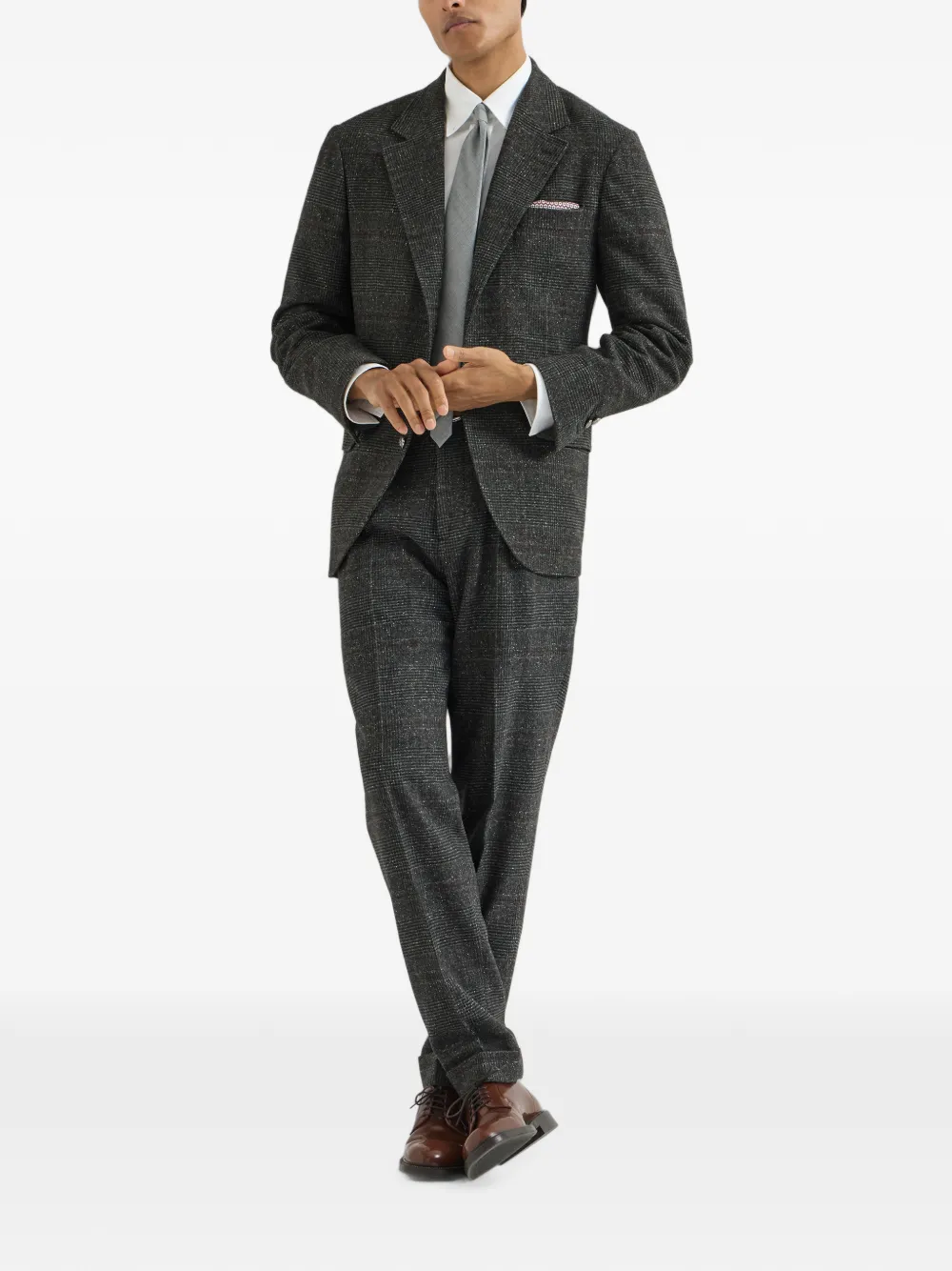 Brunello Cucinelli silk wool and cashmere Prince of Wales flannel deconstructed blazer Grijs