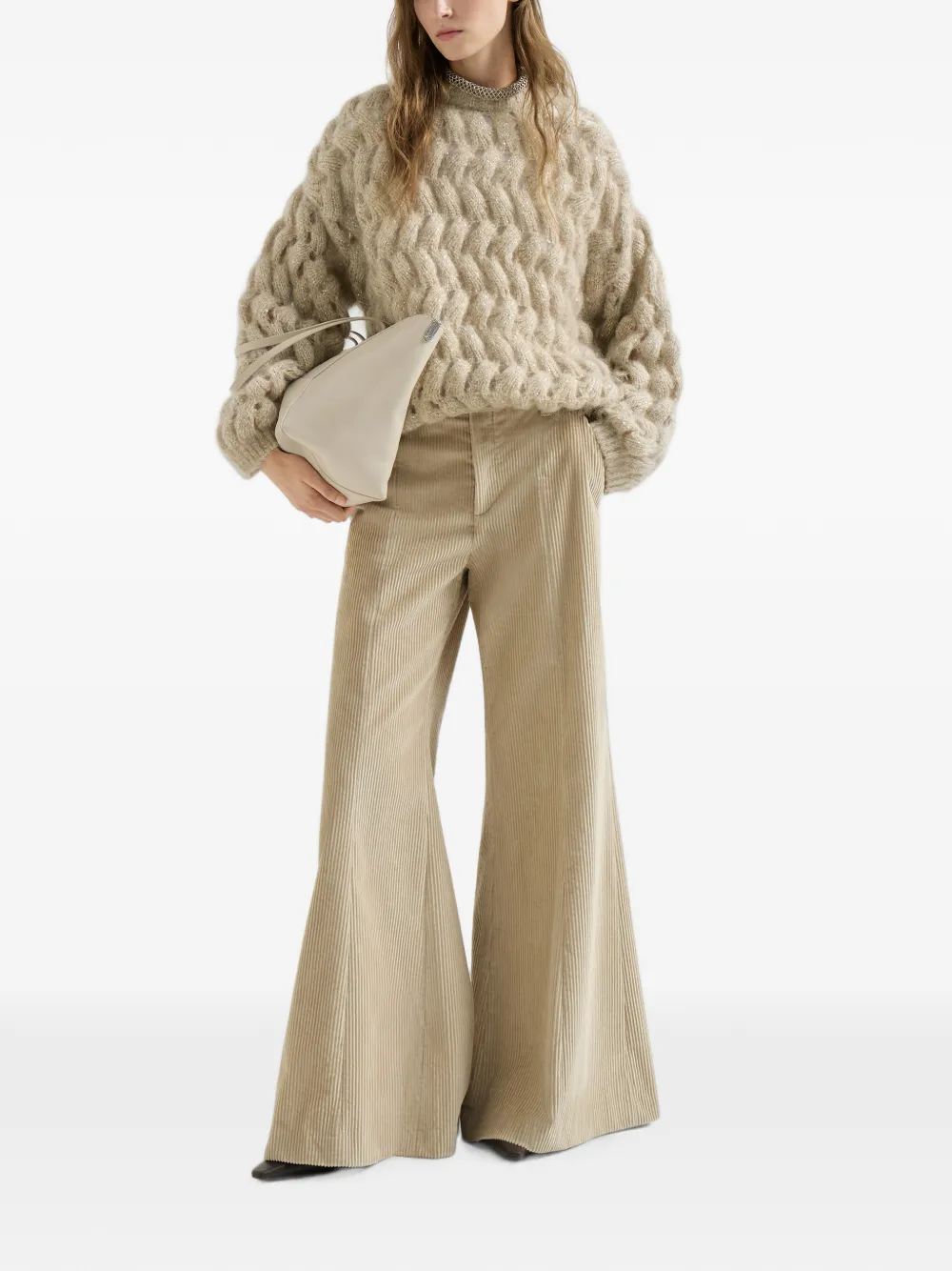 Brunello Cucinelli Ribfluwelen katoenen broek met wijde pijpen en Monili Beige