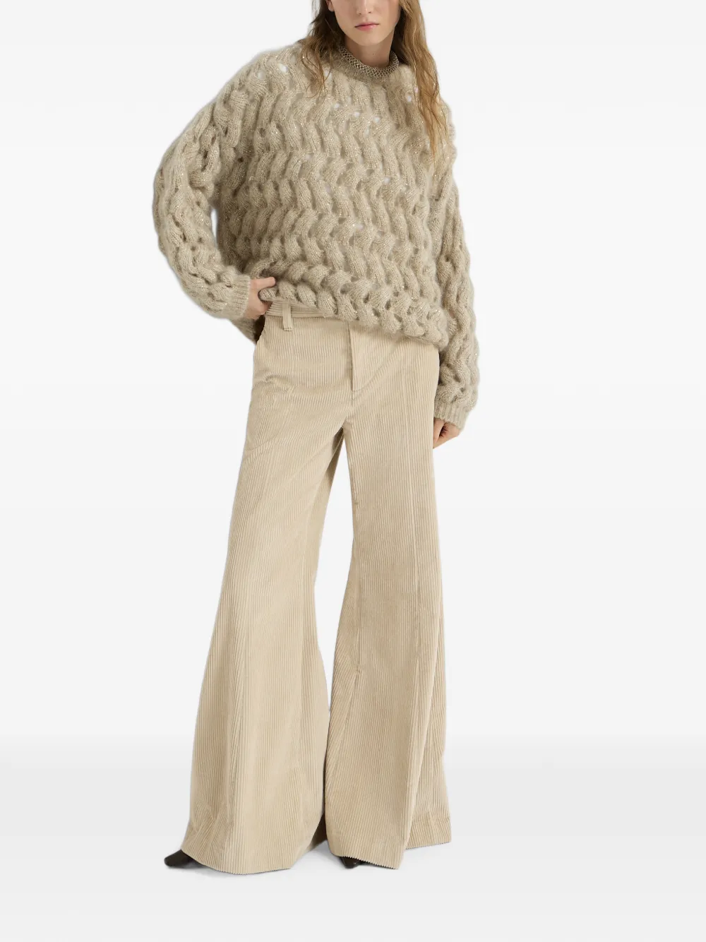 Brunello Cucinelli Ribfluwelen katoenen broek met wijde pijpen en Monili Beige