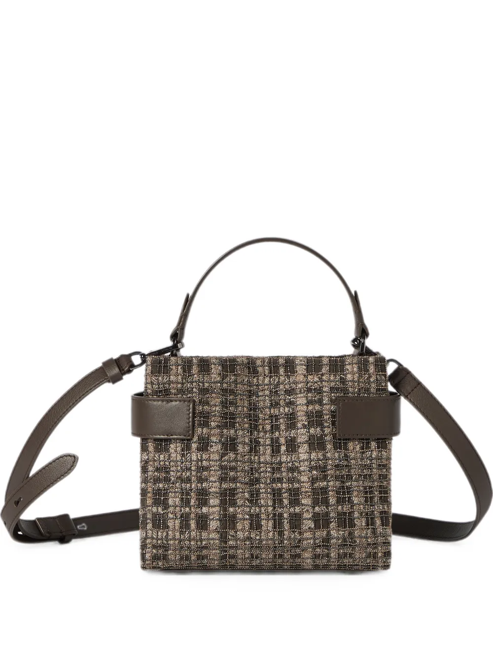 Brunello Cucinelli Kleine Essence Top-Handle Tasche aus Wildleder mit Check-Stickerei - Braun