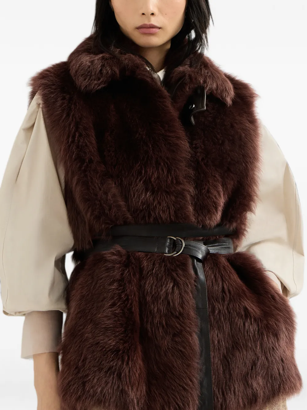 Brunello Cucinelli Lux lammy top met nappa leren riem en Monili Bruin