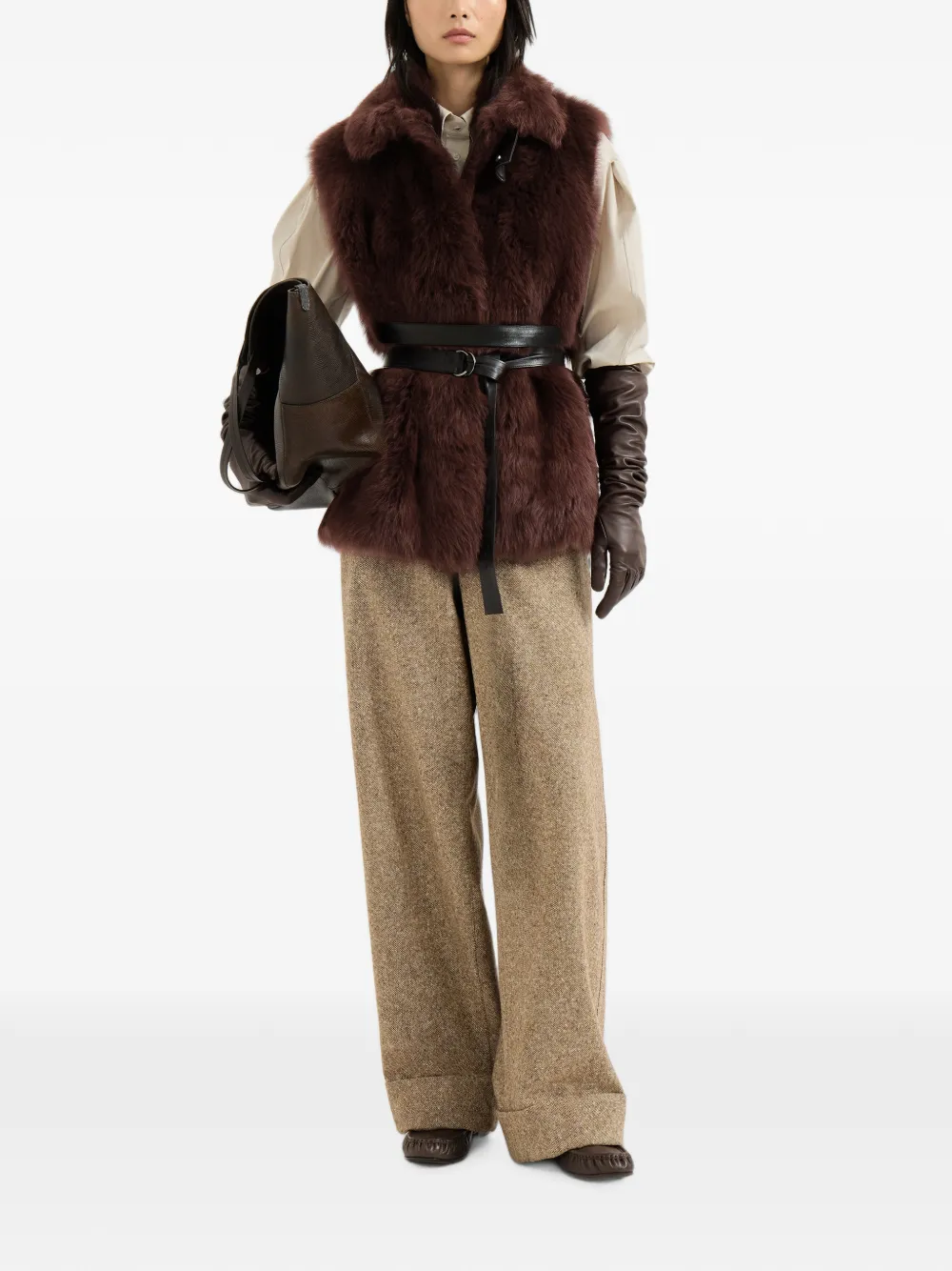 Brunello Cucinelli Lux lammy top met nappa leren riem en Monili Bruin