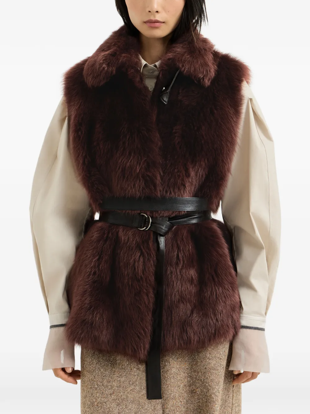 Brunello Cucinelli Lux lammy top met nappa leren riem en Monili Bruin