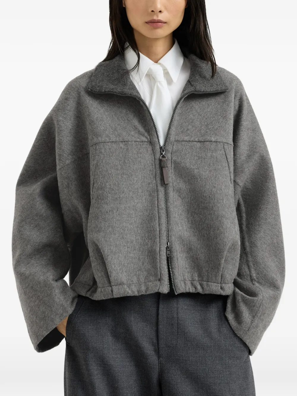 Brunello Cucinelli Handgemaakt bomberjack van scheerwol met glanzende ritssluiting Grijs