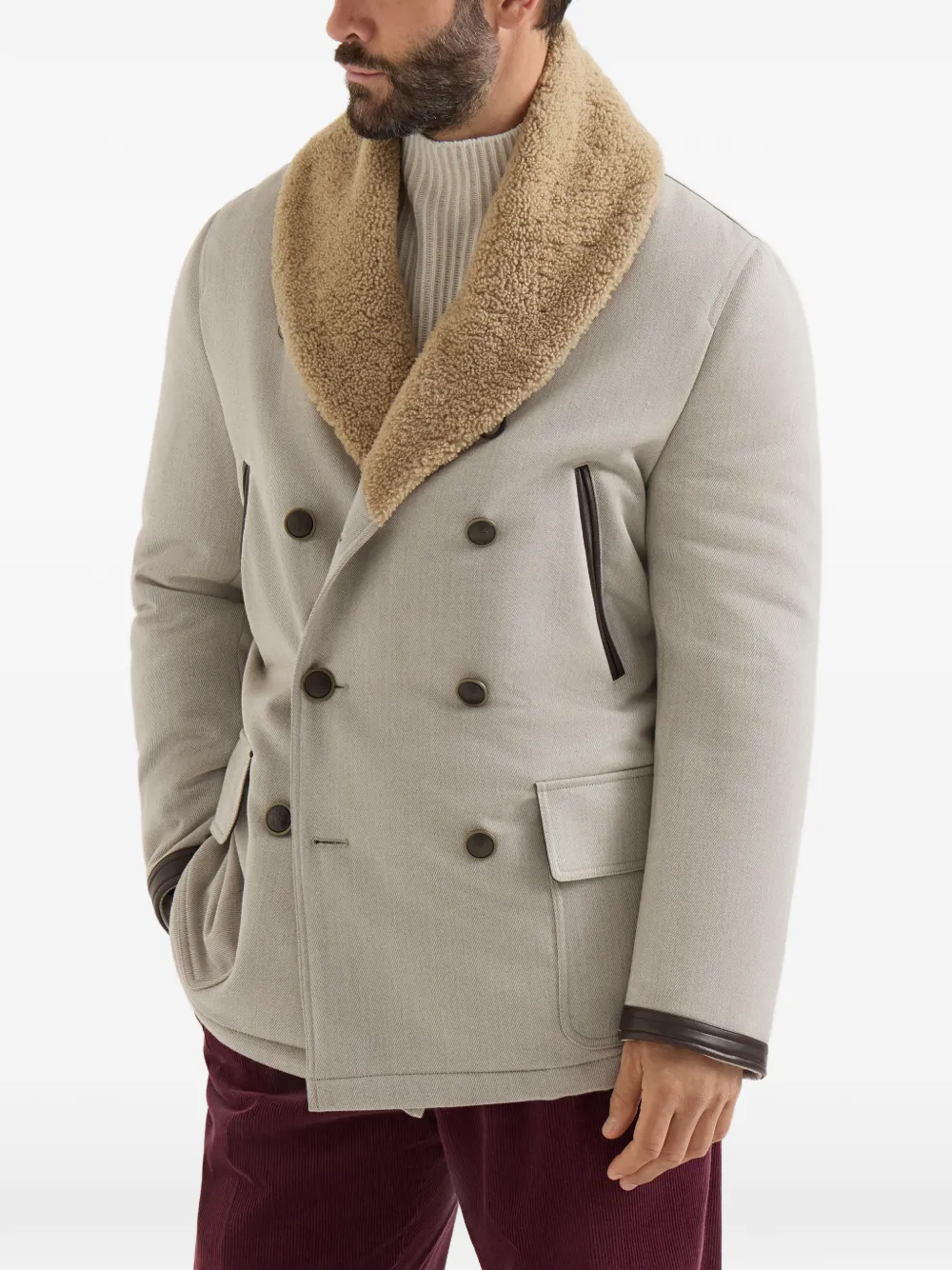Brunello Cucinelli Wollen en kasjmier jas met Thermore -voering en lammy kraag Grijs