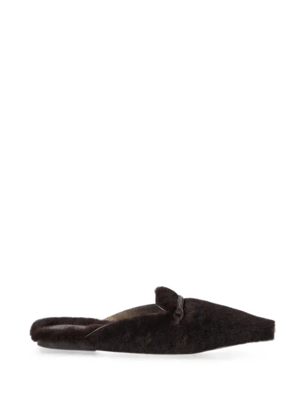 Brunello Cucinelli Shearling Flats with Precious Bar in Brown