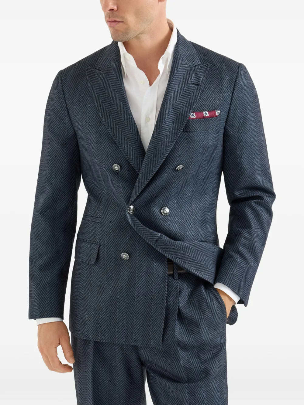 Brunello Cucinelli Kasjmier en zijden flanellen blazer met chevron-streep en anderhalve rij knopen Blauw