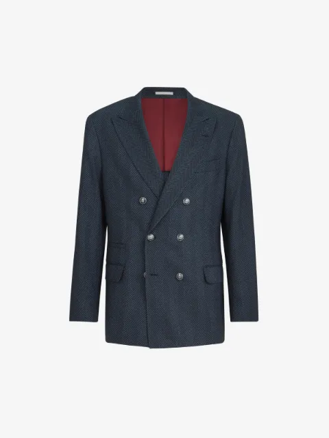 Brunello Cucinelli cashmere and silk chevron flannel one-and-a-half breasted deconstructed blazer with metal buttons