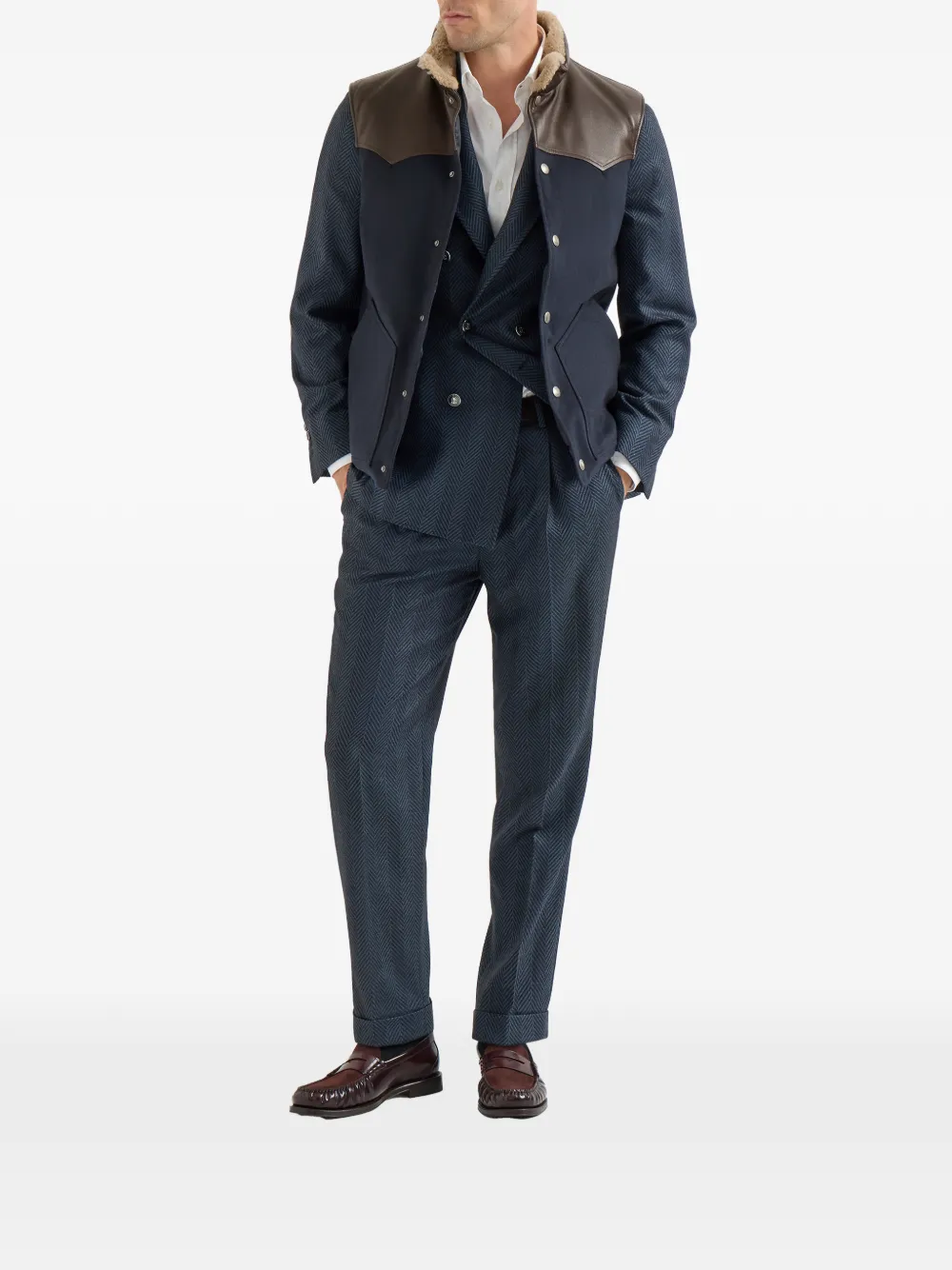 Brunello Cucinelli Kasjmier en zijden flanellen blazer met chevron-streep en anderhalve rij knopen Blauw